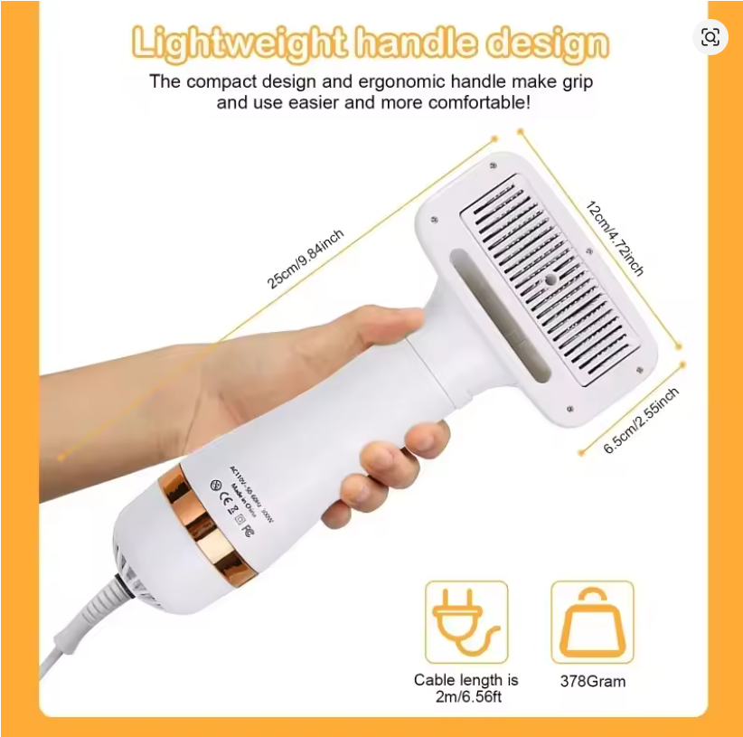 2-in-1 Pet Hair Dryer & Grooming Brush – Quiet Adjustable Temperature Dog & Cat Dryer Comb
