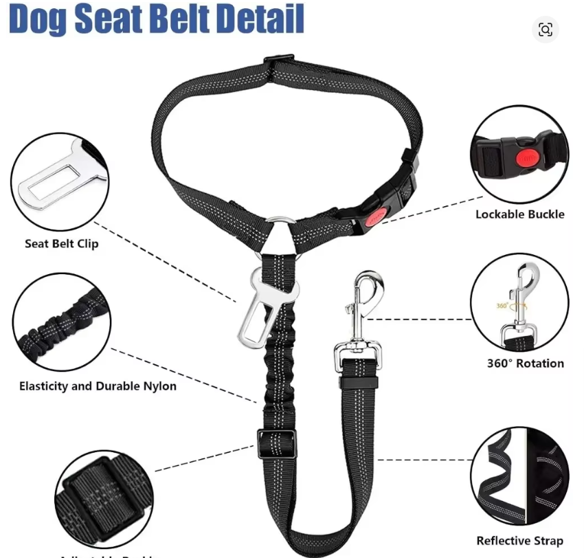 2-in-1 Dog Car Seat Belt Headrest Restraint – Adjustable Reflective Safety Tether