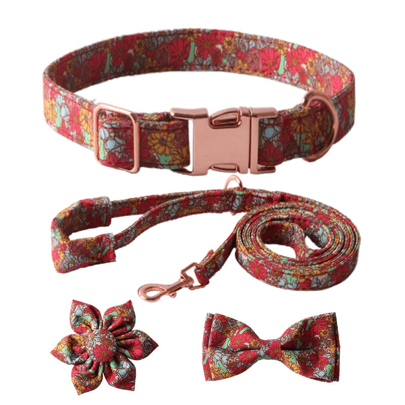 Floral Pet Dog Collar with Bow and Leash Set