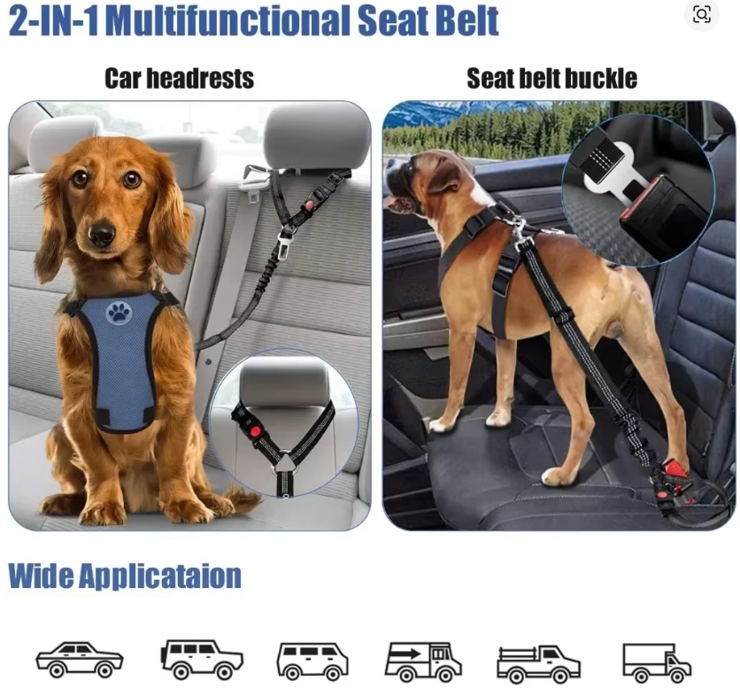 2-in-1 Dog Car Seat Belt Headrest Restraint – Adjustable Reflective Safety Tether