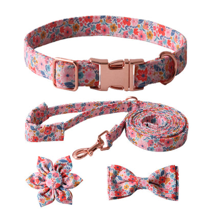 Floral Pet Dog Collar with Bow and Leash Set